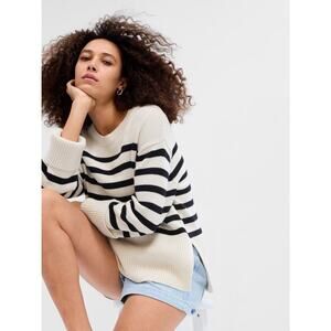 GAP Striped Crewneck Sweater Black Cream Pullover Cotton Fall Knit L Minimalist